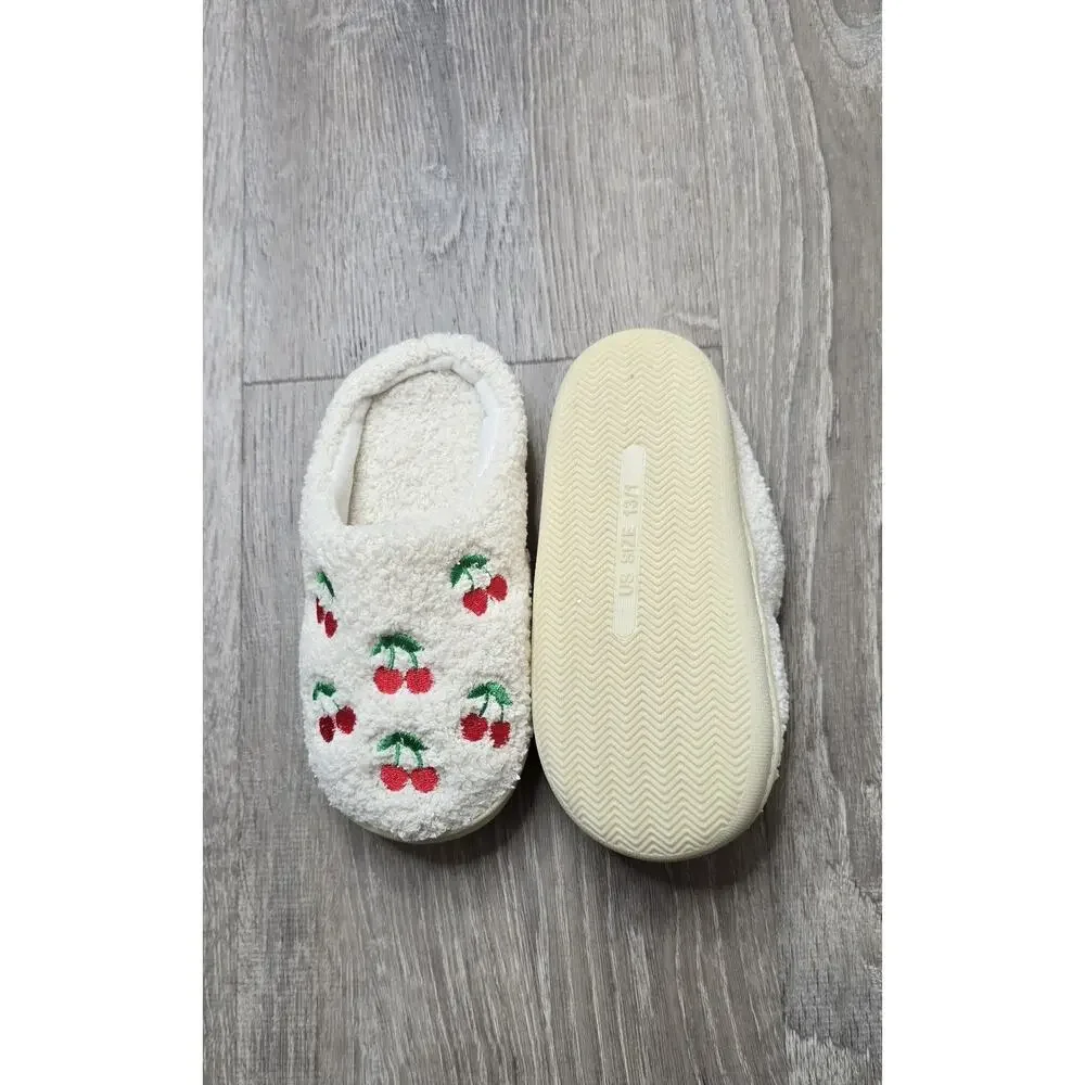 Girls Fuzzy Cherry Slippers Size 13/1 Cream Cozy Plush House Shoes
